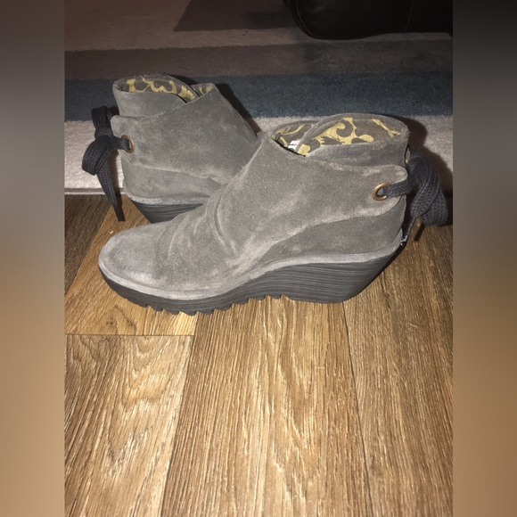 Fly London diesel grey suede ruched ankle boot